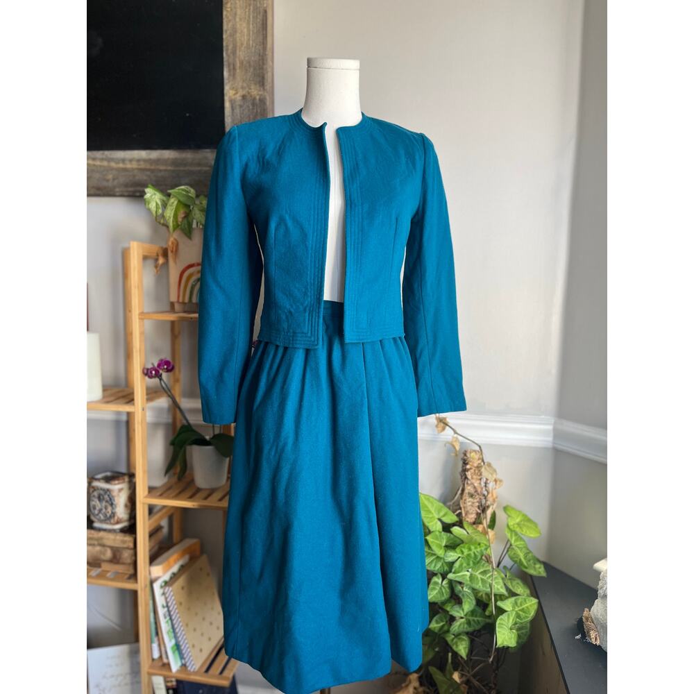 Vintage 80s Pendleton Wool Skirt Suit Teal Blue Skirt Jacket Size XS